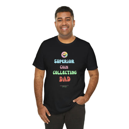 Man smiling, wearing the Superior Coin Collecting Dad Unisex Tee by Numismatic Beauty; a black shirt perfect for coin collectors, offering comfort and style.