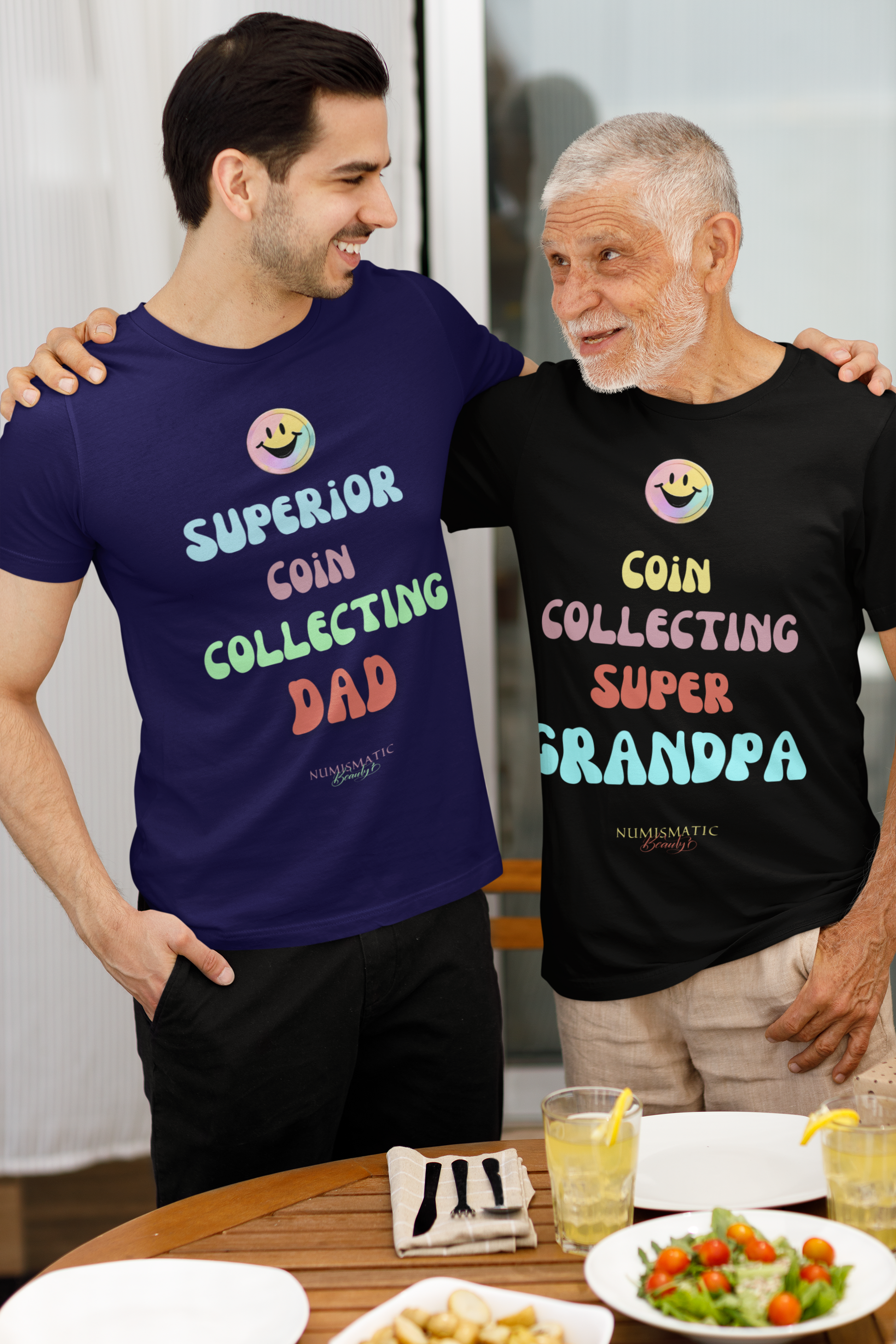 Two men wearing matching Superior Coin Collecting Dad Unisex Tees, highlighting the soft cotton and tailored fit ideal for coin enthusiasts.