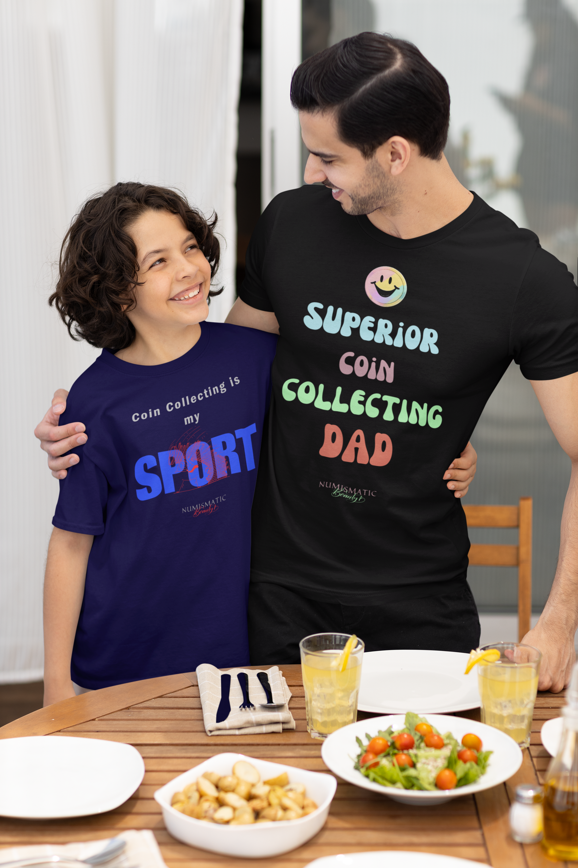 Superior Coin Collecting Dad Unisex Tee, showcased by a man smiling, hand on hip, highlighting its soft cotton fabric and ribbed knit collars for comfort.